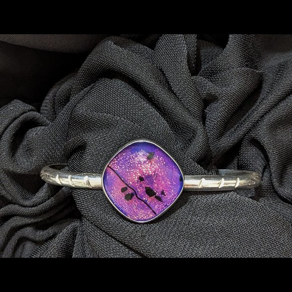 Wow Pink & Purple Heavy Gauge Sterling Silver Dichroic Glass Adjustable Bracelet - Picture 3 of 8